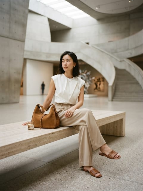 SKIPIKS AI fashion editorial — minimalist, chic, elegant — This summer look combines a light beige tone with a white blouse for added elega