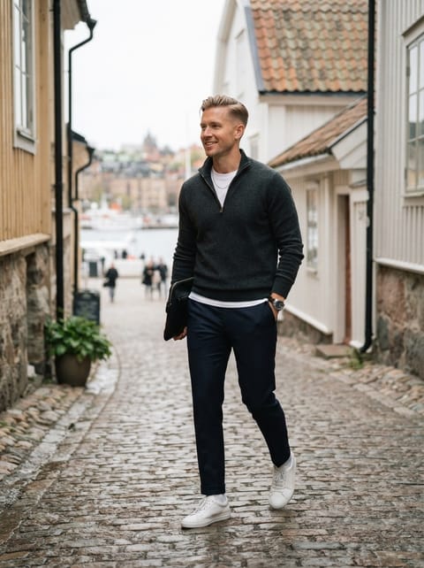 SKIPIKS AIファッション写真 — minimalist, smartcasual — クラシックなミニマリストのセーターとスリムなスラックスの組み合わせで洗練されたムードを演出しましょう。シンプルなホワイトスニーカーとシルバーアクセサリーを加えれ