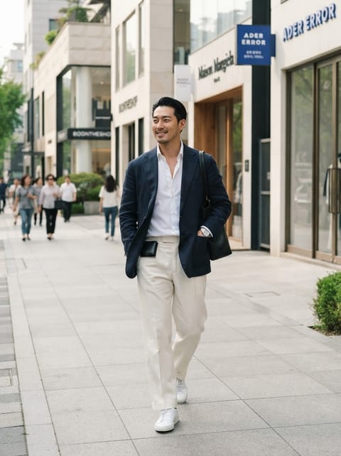 SKIPIKS AIファッション写真 — minimalist, smartcasual — すっきりとしたネイビーブレザー、ホワイトシャツ、クリームパンツの組み合わせが洗練された雰囲気を演出します。スマートカジュアルスタイルで、日常のデートやオフィスル