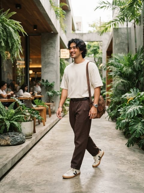 SKIPIKS AIファッション写真 — casual, minimalist — ホワイトTシャツとブラウンパンツの組み合わせがスタイリッシュなミニマリストルックを完成させます。クロスボディバッグとスニーカーを加えてカジュアルな雰囲気を演出し