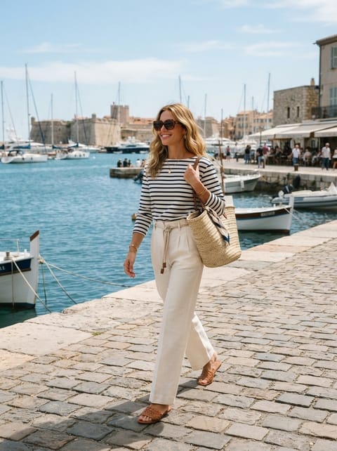 SKIPIKS AI fashion editorial — casual, nautical, coastal — A cool striped t-shirt paired with cream-colored pants creates a stylish marine 
