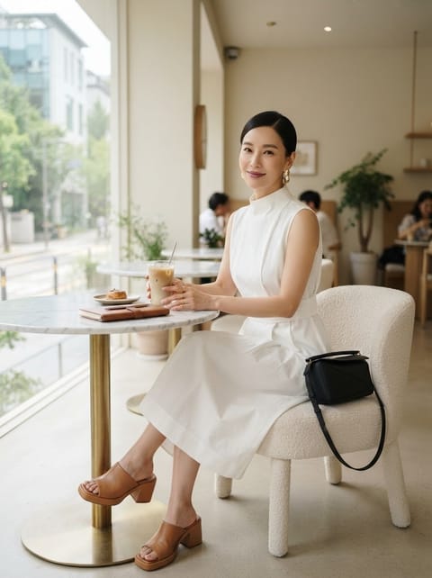 SKIPIKS AI fashion editorial — minimalist, feminine — A clean white sleeveless dress is particularly suited for summer, creating a chi