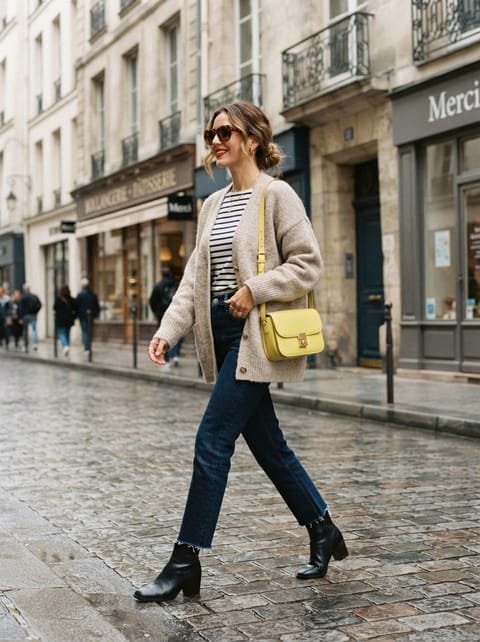 SKIPIKS AI fashion editorial — feminine, casual, chic — A warm beige knit cardigan paired with a navy striped t-shirt creates a chic aut