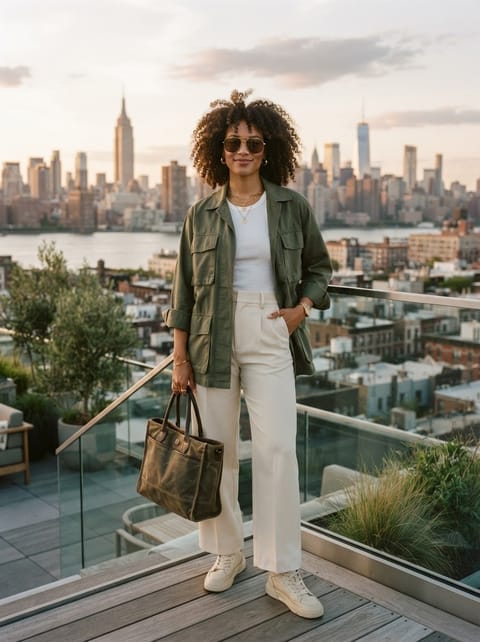 SKIPIKS AIファッション写真 — urban, chic, casual — カーキ色のジャケットとクリーム色のパンツの組み合わせが洗練された都市感を醸し出します。ベージュのスニーカーとカーキのトートバッグを合わせて、快適でありながらトレ
