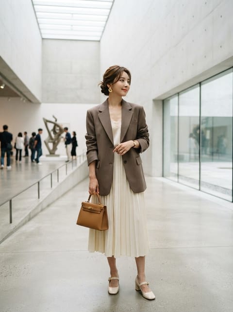 SKIPIKS AIファッション写真 — elegant, minimalist — 柔らかなブラウンとクリームカラーの組み合わせが高級感を演出します。ブレザーとレーストップのエレガンスがマッチしてオフィススタイルにぴったりです。スカートとヒール