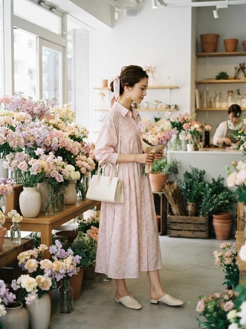 SKIPIKS AIファッション写真 — feminine, romantic — ピンクの花柄のロングドレスがロマンチックな雰囲気を演出します。ヘアに合わせたリボンアクセサリーが愛らしいポイントで、アイボリーのハンドバッグとフラットシューズで