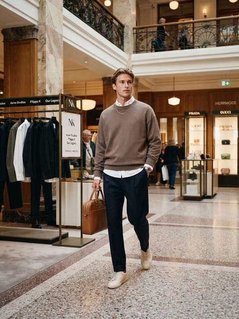 SKIPIKS AIファッション写真 — business_casual, elegant — ベージュのセーターとネイビーのスラックスの組み合わせがエレガントなルックを完成させます。ブラウンのブリーフケースを加えてビジネスカジュアルスタイルにアクセントを