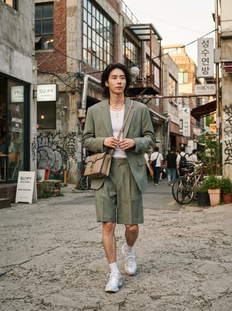 SKIPIKS AI 패션 화보 — streetwear, modern — 세련된 카키 컬러의 셋업이 눈길을 끄는 룩입니다. 가벼운 반바지와 흰 티셔츠로 쾌적하면서도 스타일리시하게 연출했어요. 데일리로는 물론 여름 데이