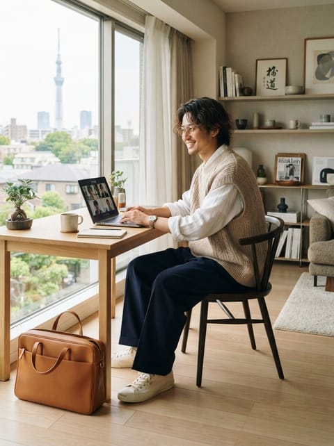 SKIPIKS AIファッション写真 — minimalist, casual, smart — 快適でありながら洗練されたニットベストとホワイトシャツの組み合わせです。ネイビーパンツとホワイトスニーカーを合わせて、すっきりとした印象を与えます。カジュアルな