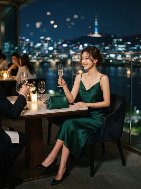 SKIPIKS AIファッション写真 — elegant, evening, feminine — 高級感のある緑のスリップドレスが優雅なシルエットを演出します。ゴールドのアクセサリーと合わせて華やかさをプラスしましょう。夕方のパーティーや特別なディナーで輝く