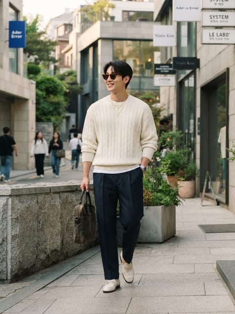SKIPIKS AIファッション写真 — minimalist, smart_casual — クリーム色のニットセーターとネイビーのスラックスが調和した洗練されたルックです。ニットのケーブルディテールが心地よさを加え、ホワイトローファーがすっきりとした印