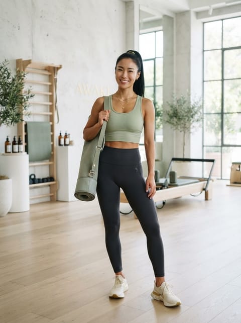 SKIPIKS AI时尚大片 — athleisure, sporty — 搭配橄榄色的短款上衣和紧身裤，打造干净现代的运动造型。搭配运动鞋和瑜伽垫包，完成适合活跃生活方式的风格。除了瑜伽和健身活动，它也非常适合日常穿着。
