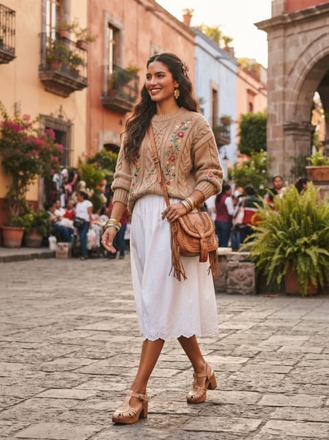 SKIPIKS AI fashion editorial — bohemian, feminine — The beige floral sweater paired with a white skirt creates a romantic vibe. Add 