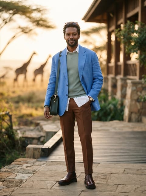 SKIPIKS AI时尚大片 — smart casual, dapper — 天蓝色夹克与绿色针织的搭配形成了引人注目的优雅造型。搭配棕色裤子和靴子，增添经典与现代感。这种组合非常适合在办公室或半休闲场合中时尚地运用。