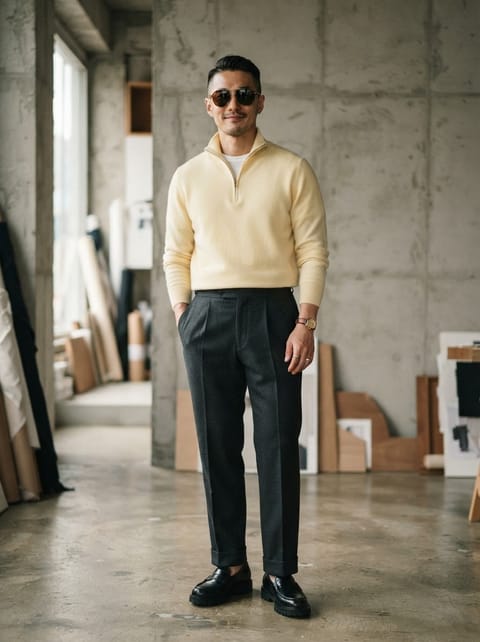 SKIPIKS AIファッション写真 — classic, minimalist, smartcasual — アイボリーのセーターとチャコールのスラックスの組み合わせは、優雅さと洗練さを醸し出します。サングラスとローファーを合わせることで、クラシックな都会の雰囲気が完成