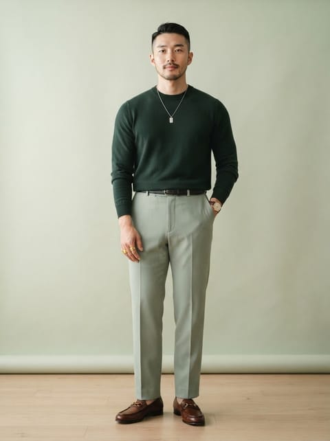SKIPIKS AI 패션 화보 — minimalist, elegant — 다크 그린 니트와 연그레이 슬랙스의 조화가 세련된 무드를 연출해줍니다. 깔끔한 실루엣을 강조하기 위해 실버 목걸이와 브라운 로퍼로 포인트를 주며