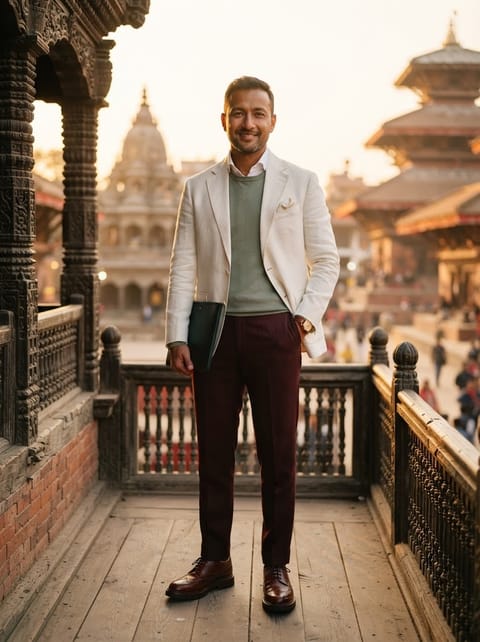 SKIPIKS AI fashion editorial — smart_casual, elegant, classic — Create a stylish formal look with a white jacket and green sweater. Burgundy pan