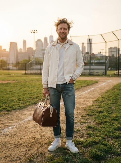 SKIPIKS AI 패션 화보 — casual, classic, dapper — 아이보리 자켓과 화이트 셔츠의 조합은 깔끔하고 세련된 봄 분위기를 선사해요. 청바지와 화이트 운동화로 캐주얼하면서도 단정한 느낌을 연출해보세요.