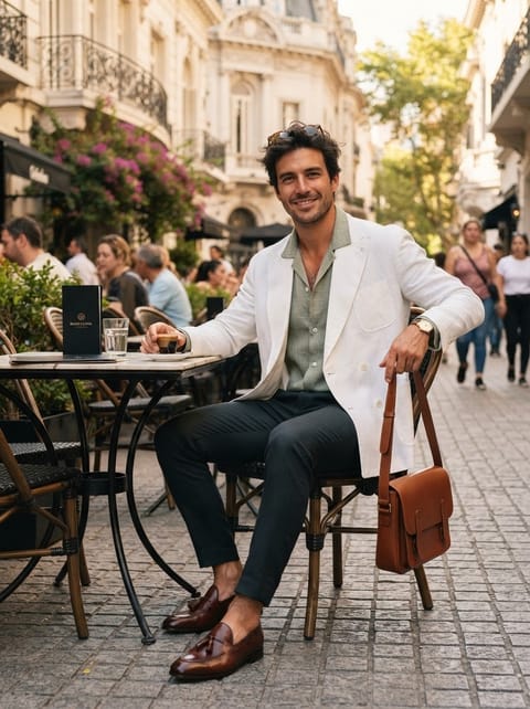 SKIPIKS AI时尚大片 — classic, business_casual — 白色西装外套是一款日常单品，营造出干净而优雅的氛围，夏天也能带来清爽的感觉。搭配浅绿色衬衫和海军蓝裤子，推荐一种明亮而稳重的造型。再加上棕色乐福鞋和斜挎包，便能