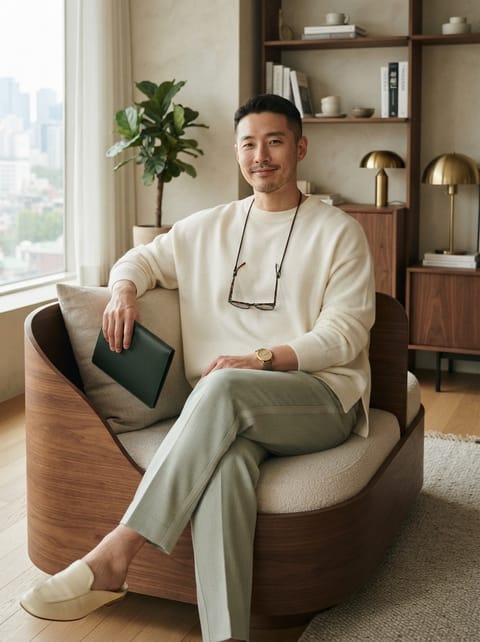 SKIPIKS AI时尚大片 — minimalist, modern, classic — 象牙色的针织毛衣传达出柔和温暖的氛围。搭配浅灰色长裤，便能打造出优雅的日常造型。这种风格适合春季的每个人，既舒适又适合正式场合。