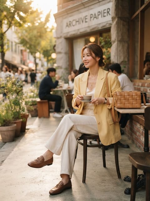 SKIPIKS AI 패션 화보 — modern, chic, elegant — 옐로우 블레이저와 크림 팬츠의 조화가 부드러운 감성을 연출해주는 스타일입니다. 베이식한 디자인의 액세서리와 브라운 로퍼를 매치하여 전체적으로 모