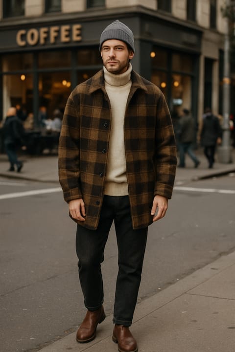 SKIPIKS AI时尚大片 — casual, minimalist — 棕色格纹外套营造出温暖的秋季氛围。搭配柔软的奶油色针织衫，展现出柔和而休闲的感觉。推荐日常穿着或干练的外出造型。
