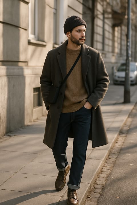 SKIPIKS AI fashion editorial — casual, vintage — This look combines a charcoal gray coat with a beige knit for a cozy vibe. Pair 