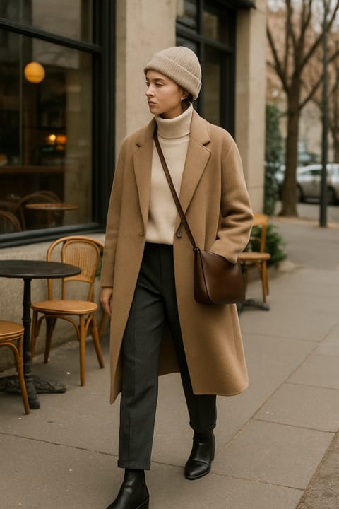 SKIPIKS AI时尚大片 — minimalist, chic — 通过感性的米色和炭灰色的搭配，营造温暖而优雅的氛围。建议将简约轮廓的针织衫与经典外套搭配，展现优雅的极简风格。这个风格非常适合日常穿着，搭配干净的靴子和棕色调的
