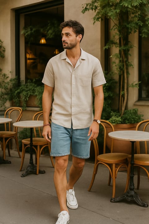 SKIPIKS AI fashion editorial — minimalist, casual — The combination of a beige shirt and blue shorts creates a comfortable summer vi