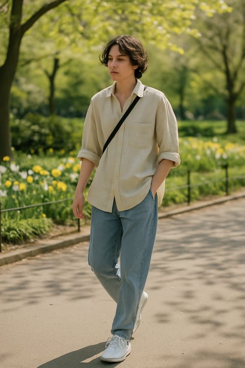 SKIPIKS AI fashion editorial — minimalist, casual — Pair a relaxed beige shirt with denim blue jeans for a natural vibe. Add practic