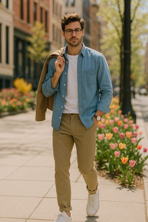 SKIPIKS AI fashion editorial — casual, classic — This style highlights the harmony of a blue denim shirt and a white t-shirt, cre