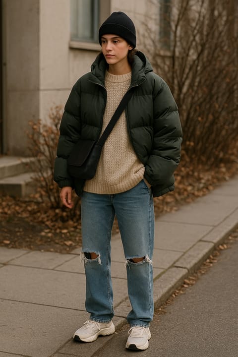 SKIPIKS AI fashion editorial — casual, streetwear — The harmony of khaki padding and beige knit creates a warm vibe. Complete the ca