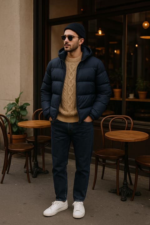 SKIPIKS AIファッション写真 — casual, streetwear — ネイビーのパディングと温かみのあるベージュのニットが調和したカジュアルな冬スタイルです。濃い青のデニムにクリーンなホワイトスニーカーを合わせて、シックでありなが