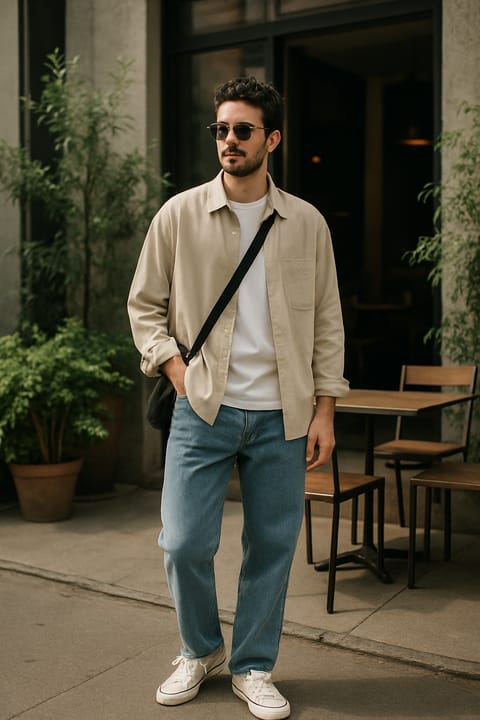 SKIPIKS AIファッション写真 — casual, minimalist — ベージュのシャツとホワイトのTシャツの組み合わせがリラックスした雰囲気を演出します。クリーンなブルージーンズとムーンリーフスニーカーでカジュアルな印象を強調しま