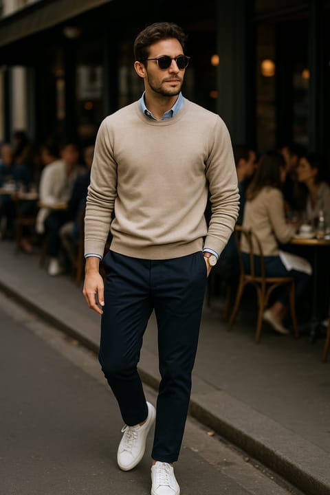 SKIPIKS AIファッション写真 — smartcasual, minimalist, chic — ベージュのセーターと空色のシャツの組み合わせが、クリーンで都会的なムードを演出します。ネイビーのスラックスとホワイトスニーカーで爽やかさをプラスし、時計とサング