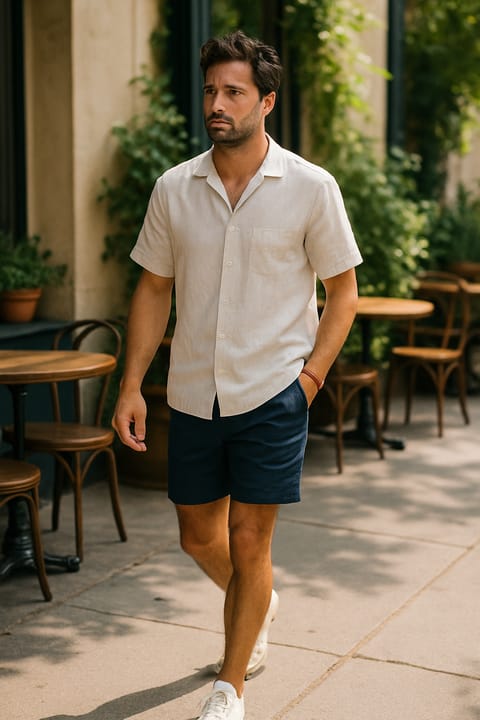 SKIPIKS AI时尚大片 — casual, chic — 米色衬衫和海军蓝短裤的自然氛围完美融合。搭配白色运动鞋增添清新感。这种风格非常适合周末出游或约会。