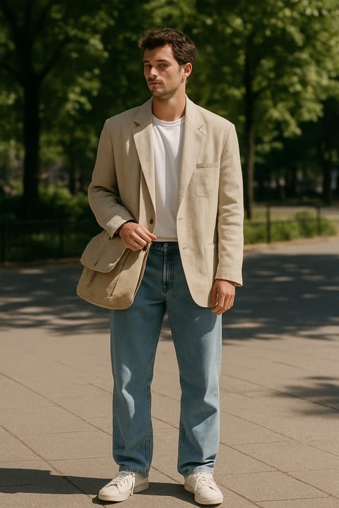 SKIPIKS AI时尚大片 — casual, minimalist — 米色西装外套与牛仔裤的搭配营造出自然又优雅的氛围。搭配白色T恤和运动鞋，增添清新的感觉，让日常穿搭更加舒适。为春季轻松出行或周末早午餐完成这一造型。