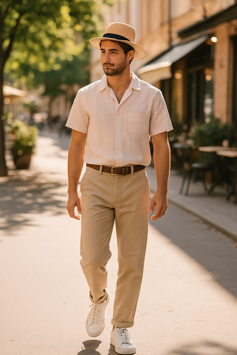 SKIPIKS AIファッション写真 — casual, minimalist — アイボリーのリネンシャツとベージュのチノパンツで爽やかな夏の雰囲気を演出しました。ホワイトスニーカーとフェドーラを合わせて、快適でありながら洗練されたルックを完