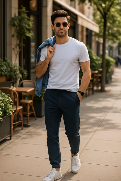 SKIPIKS AIファッション写真 — minimalist, casual — 白いTシャツとネイビーのチノパンの組み合わせは、すっきりとしたリラックスした雰囲気を演出します。ジャケットを肩に軽くかけてスタイリッシュなポイントを加えてみてく