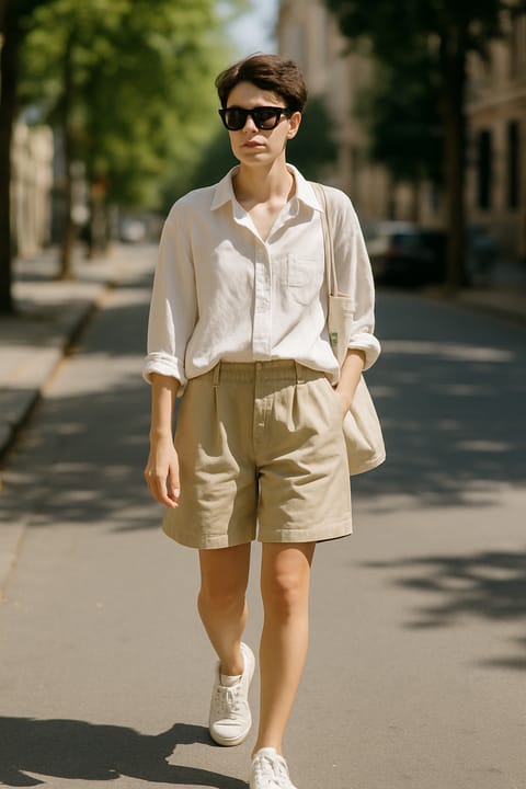SKIPIKS AIファッション写真 — minimalist, casual — ゆったりとしたホワイトシャツとベージュのショートパンツが調和し、夏のカジュアルなムードを演出します。シンプルなスニーカーとブラックサングラスをポイントアイテムと
