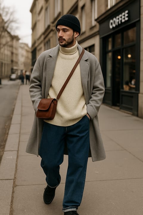 SKIPIKS AI fashion editorial — minimalist, urban, casual — Pair a warm knit with a gray coat for an urban vibe. Match with jeans and a cros