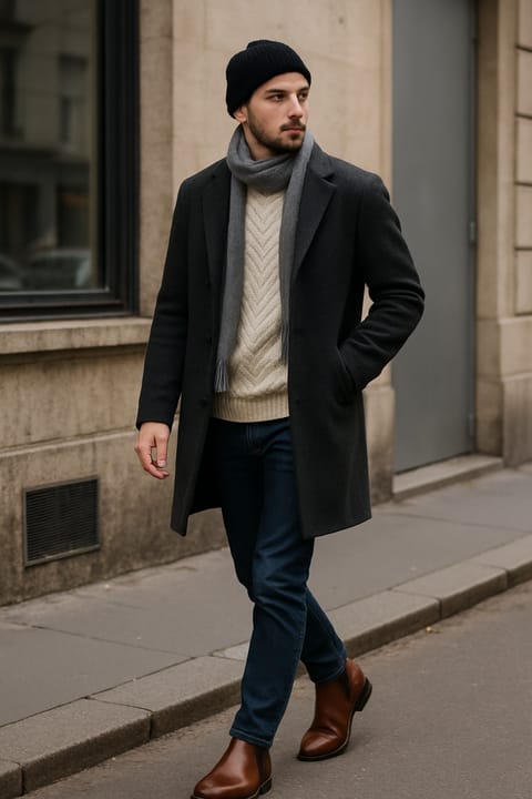 SKIPIKS AI时尚大片 — classic, casual — 搭配炭灰色外套和米色针织衫，营造温暖经典的冬季氛围。搭配海军蓝牛仔裤和棕色靴子，完成沉稳的造型。这是一套易于打造的日常穿搭，推荐增添时尚感。