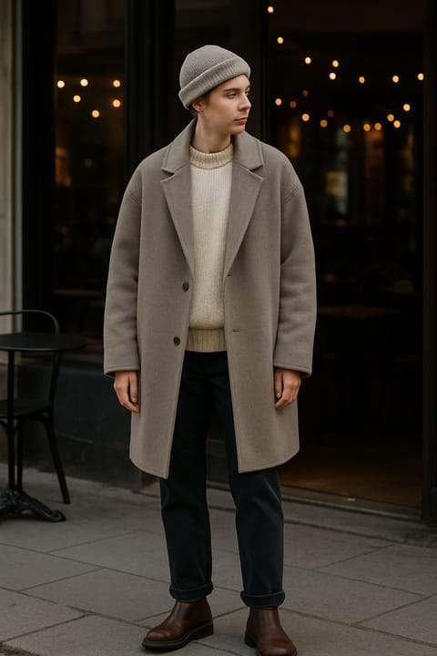SKIPIKS AI时尚大片 — minimalist, casual, cozy — 这款造型突显了一件既舒适又优雅的超大号米色外套。搭配奶油色针织衫和海军蓝牛仔裤，打造出时尚的日常风格。非常适合约会或在咖啡店的悠闲时光。