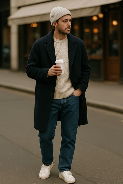 SKIPIKS AIファッション写真 — casual, minimalist — 暖かいネイビーのコートと柔らかなベージュのセーターの組み合わせが、感覚的な冬の雰囲気を醸し出しています。このルックにはカジュアルなジーンズやスニーカーを合わせる
