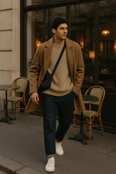 SKIPIKS AIファッション写真 — minimalist, streetwear — ベージュのコートとニットで心地よい雰囲気を演出したカジュアルルックです。クラシックなジーンズとスニーカーでリラックスしたムードを完成させましょう。デイリー外出や