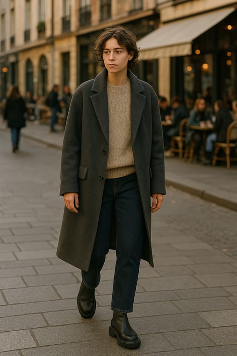 SKIPIKS AIファッション写真 — minimalist, urban — 濃いグレーのコートとベージュのニットが調和した洗練された魅力を引き立てるルックです。ジーンズとチェルシーブーツでカジュアルながらも都会的なスタイルを完成させまし
