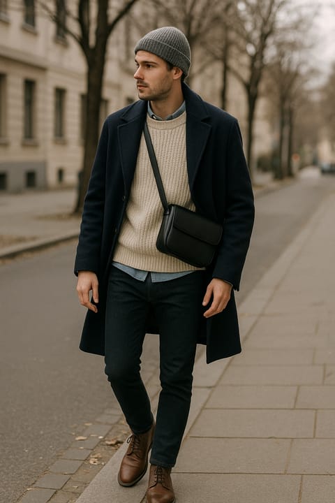 SKIPIKS AI fashion editorial — casual, modern, simple — Create a sophisticated mood with a navy coat and cream sweater. Pair with denim 