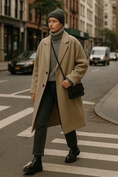 SKIPIKS AI fashion editorial — minimalist, streetwear, chic — A beige coat paired with a sophisticated gray turtleneck creates a modern winter