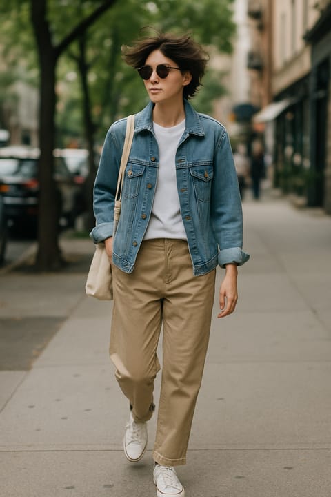 SKIPIKS AIファッション写真 — casual, minimalist, streetwear — デニムジャケットとベージュパンツの組み合わせが目を引くカジュアルなスタイルです。白いTシャツとスニーカーでスッキリと仕上げており、日常的に着るのにぴったりです。