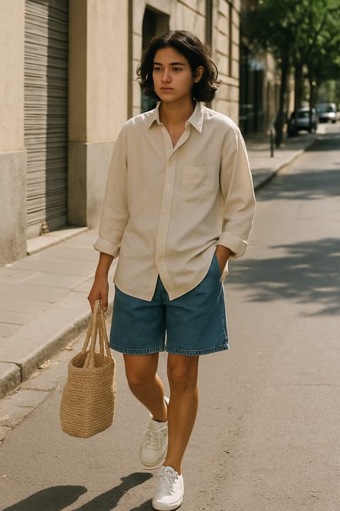 SKIPIKS AI fashion editorial — minimalist, casual — The combination of a beige shirt and blue denim shorts gives a natural summer vi